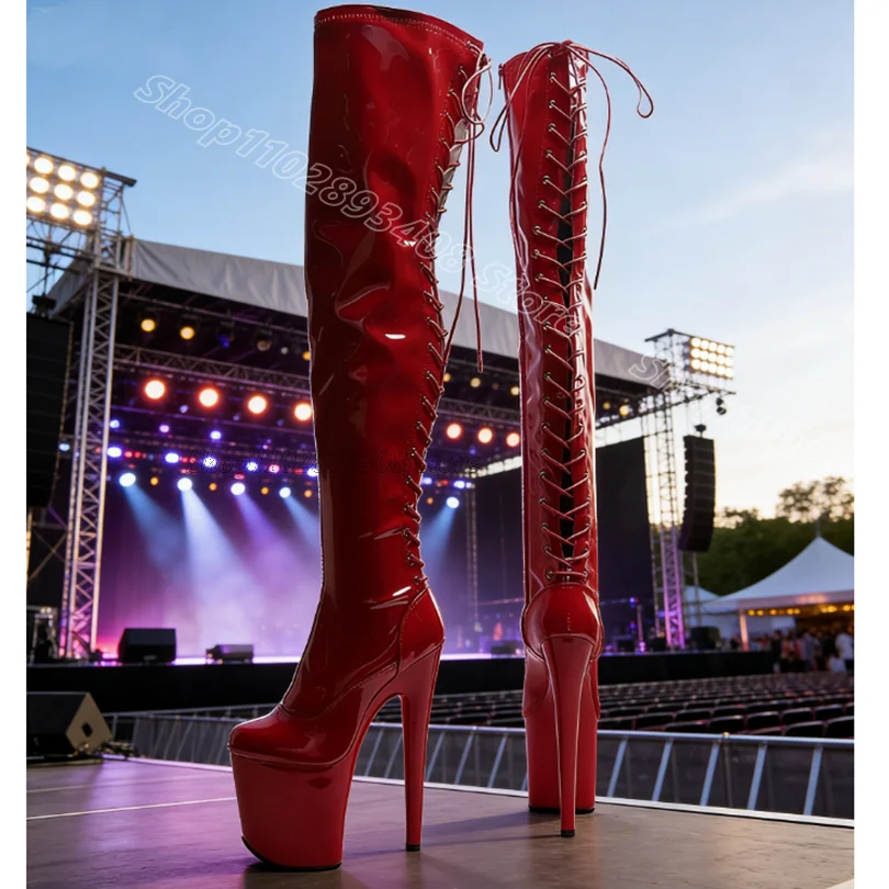 

Red Platform Lace up Sexy Boots Stiletto Stylish Performance Patent Leather Women Dancing Over Knee Boots Zapatos Para Mujere