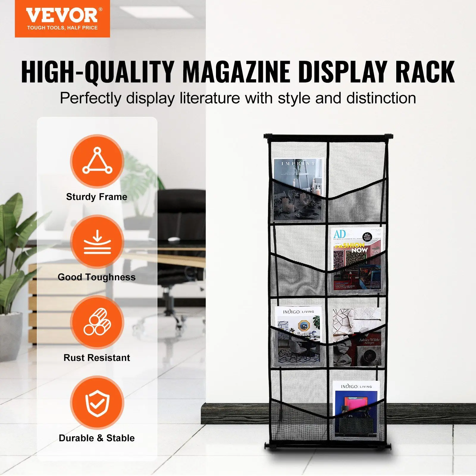 Brochure Display Stand, 4-Tier 8 Pockets Mesh Literature Display Holder, Floor Standing Magazine Newspaper Catalog Rack, Lightwe