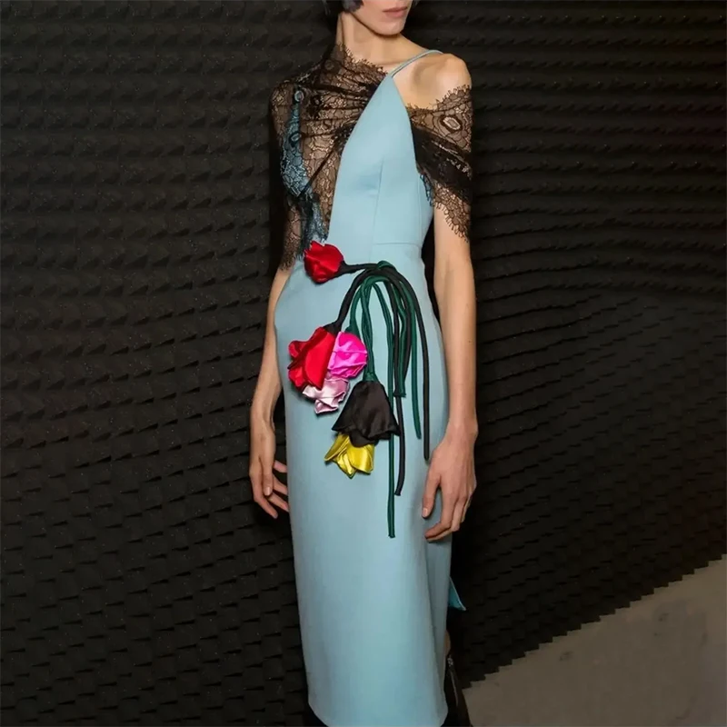 

Sexy Blue Black Lace Formal Evening Dresses 3D Flower Applique Prom Dresses Customized abendkleider