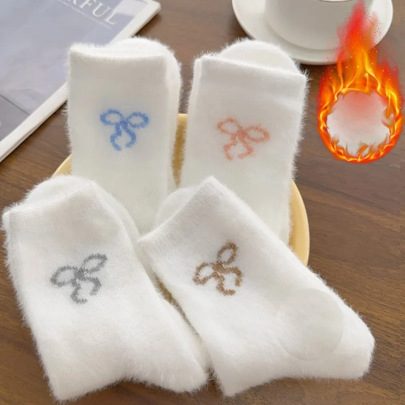 

1-2Pairs Women Bow Mid Calf Socks Winter Plush Socks Non Slip Sole Keep Warm Indoor Outdoor Winter Thickened Fashion Stockings