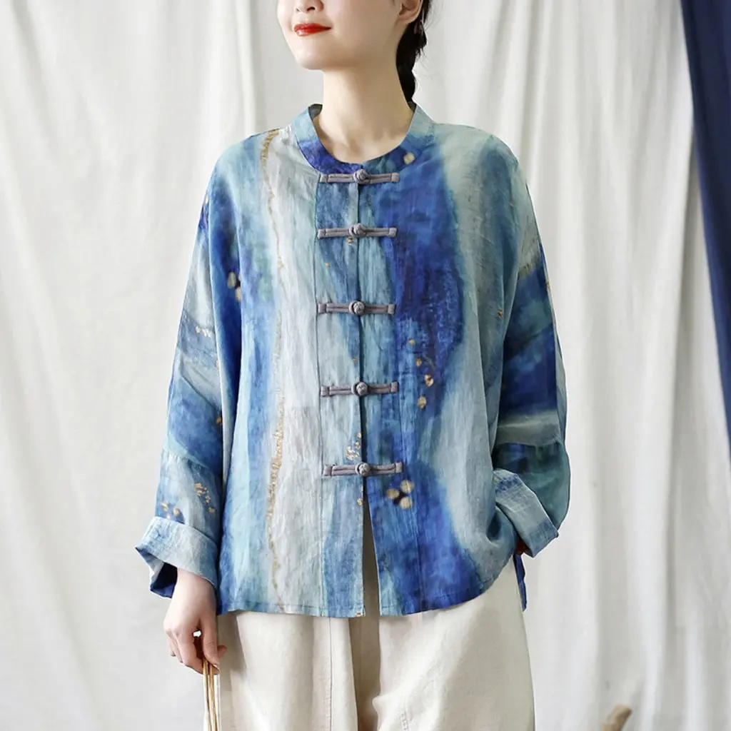 

Ximo Women's Long Sleeve Cardigan Ramie Handmade Artistic Retro Top Lightweight Loose Fit Casual Style