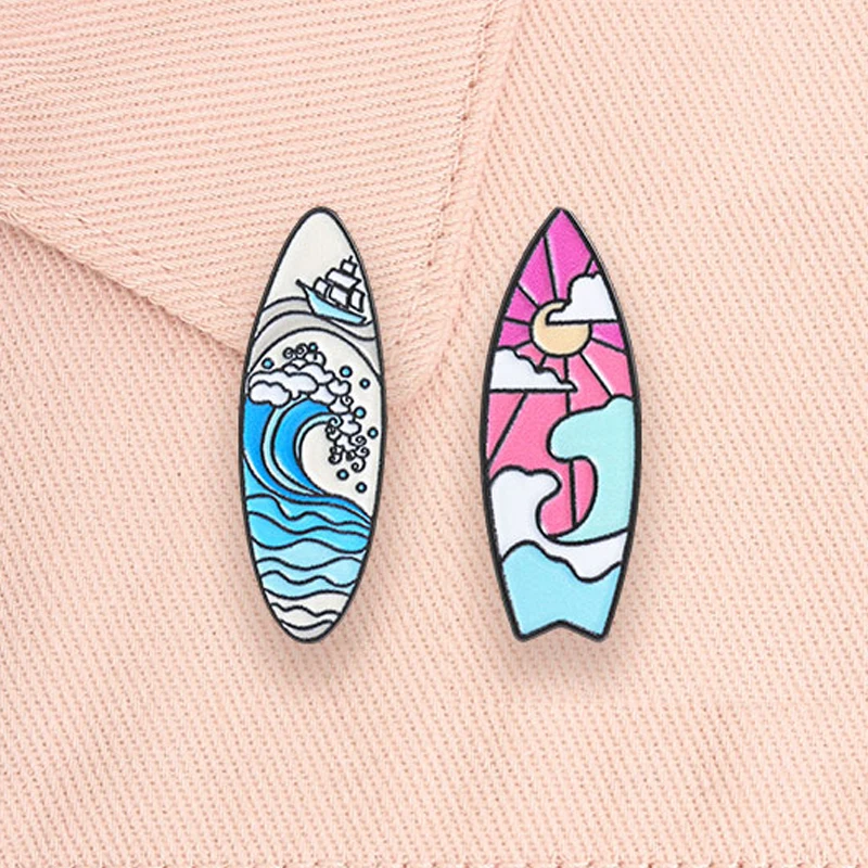 Summer Beach Vacation Enamel Pins Cute Duck Shark Swim Ring Surfboard Ukiyo-e Wave Mount Fuji Brooches Lapel Badges Jewelry Gift