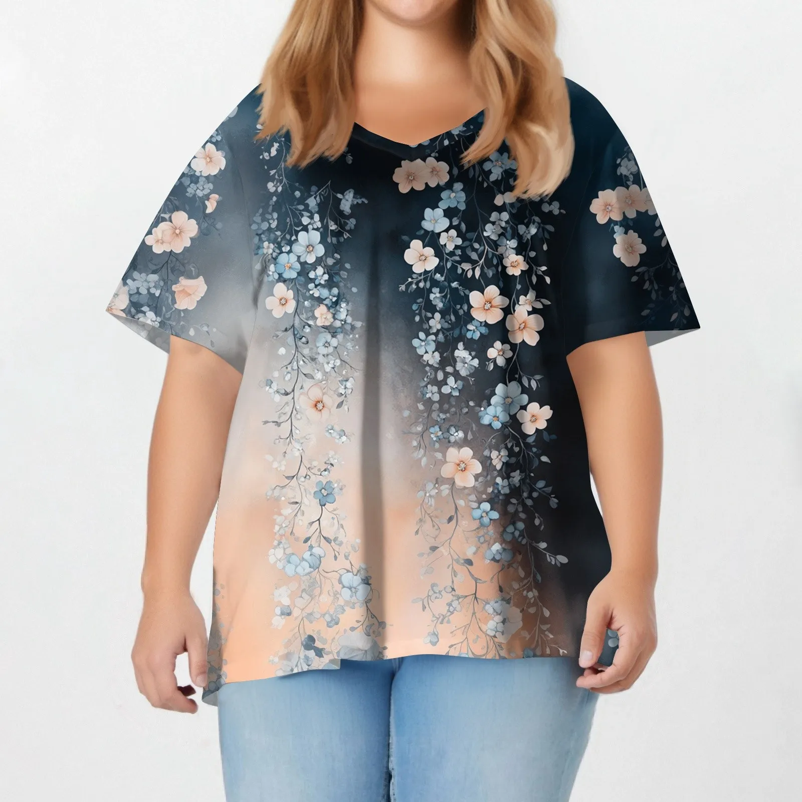 Plus size zomer losse t-shirt damesmode casual v-hals trui korte mouw groot formaat bloemen bedrukte t-shirts top
