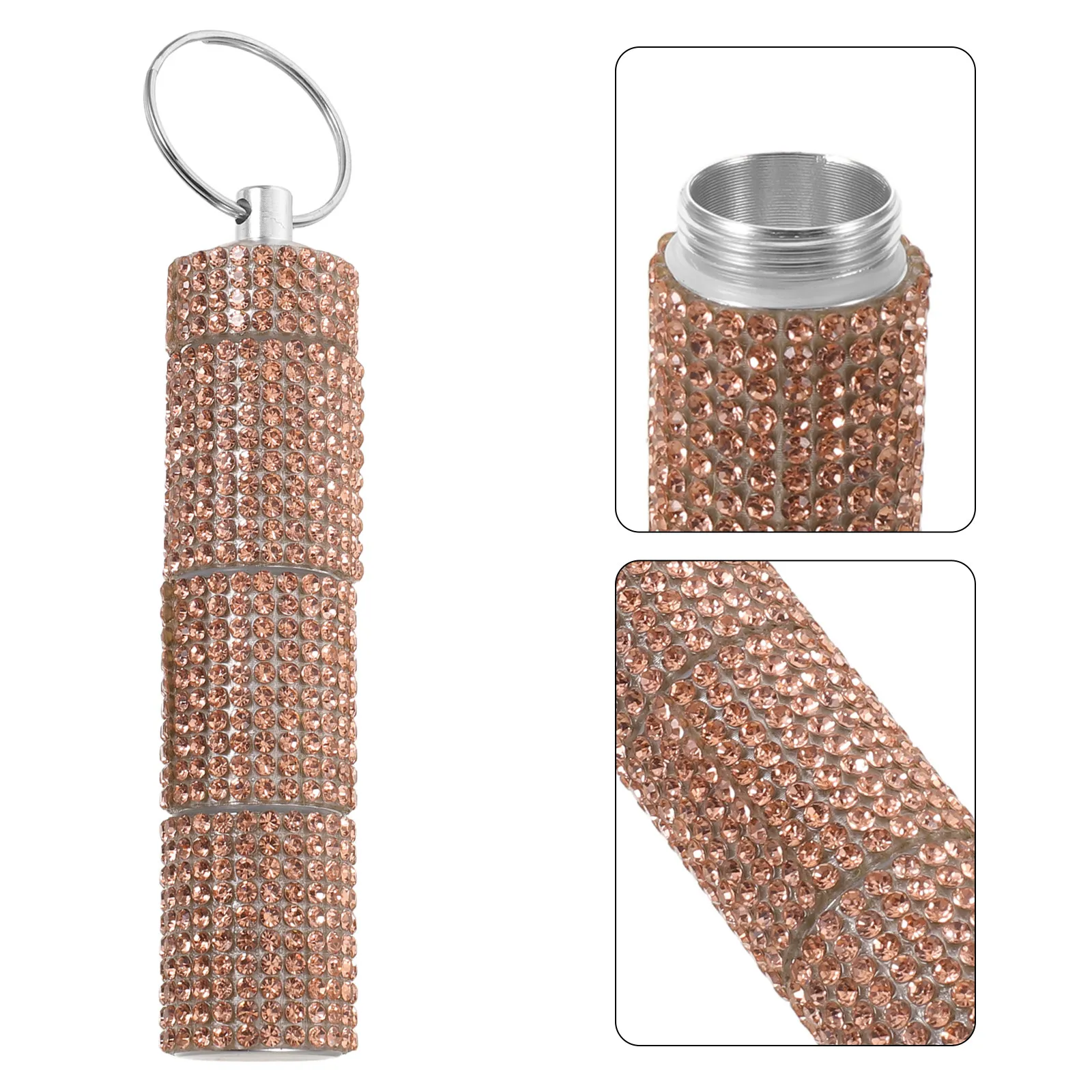 Rhinestone Pill Container Keychain 3-Compartment Portable Screw-on Waterproof Pill Organizer for Travel Outdoor Camping Daily