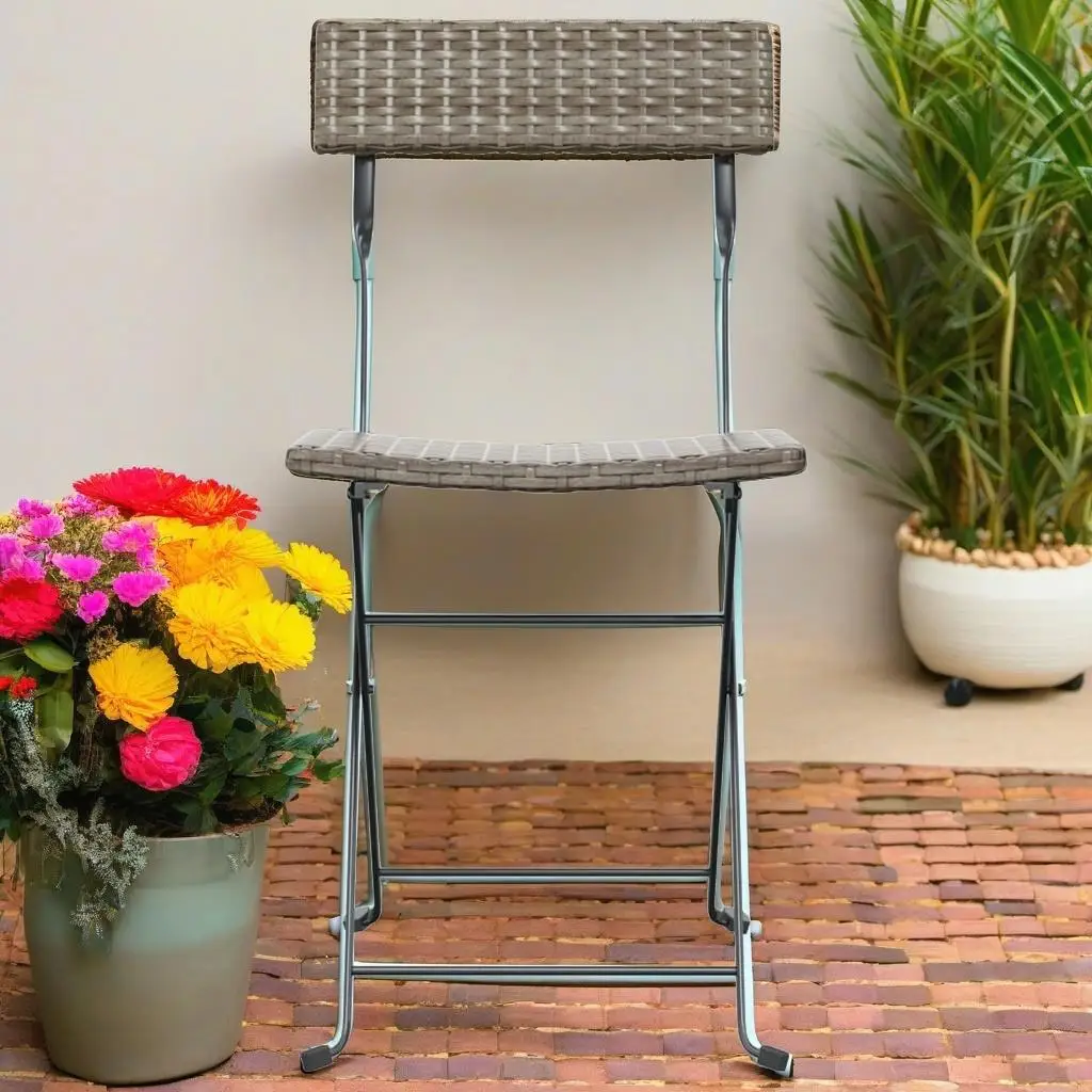 2-Piece Grey Poly Rattan Folding Bistro Chairs with Steel Frame - Outdoor Patio Furniture