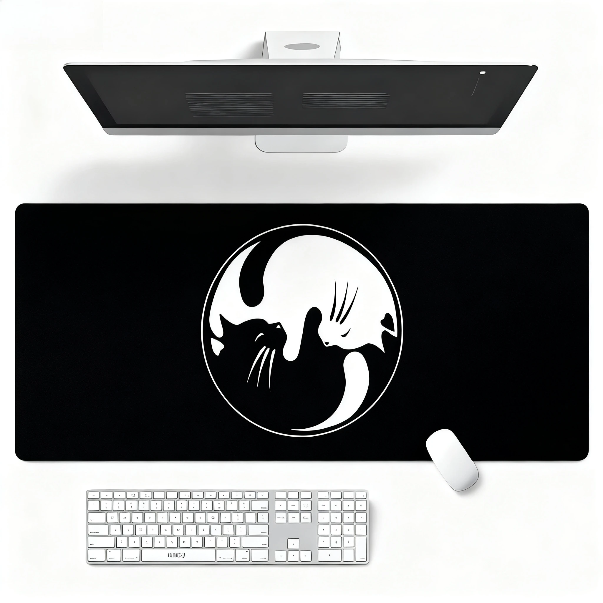 Black and White Cat Yin Yang Mouse Pad - Extra Large Computer Desk Mat, Dual Use for Gaming and Office, Non-Slip Keyboard Pad