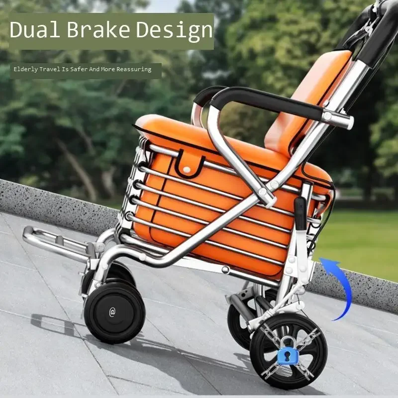 Elderly Shopping Cart Dual Brake Anti-Slip Trolley Comfortable Seat Stable Heavy-Duty Small Pushcart Convenient Grocery