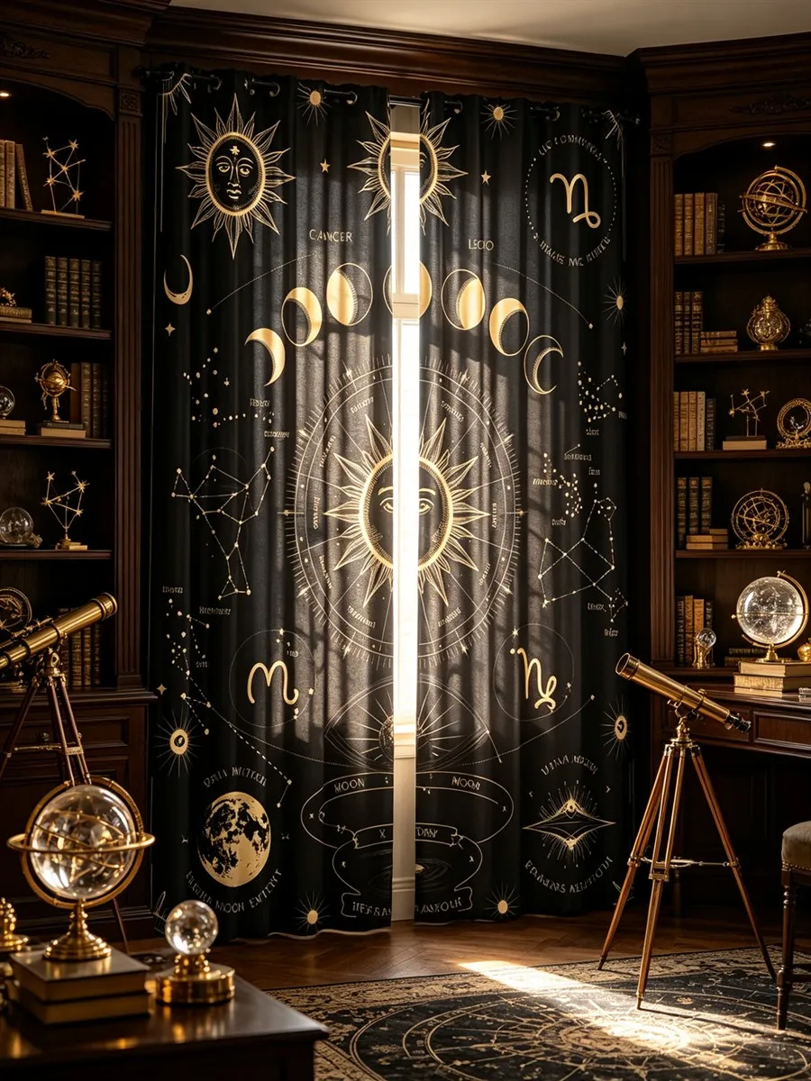 2PCS Astrology Digital Print Curtains, Gold Zodiac Sun Moon Stars, Black Gold Mystical Celestial, Bedroom Living Room Decor