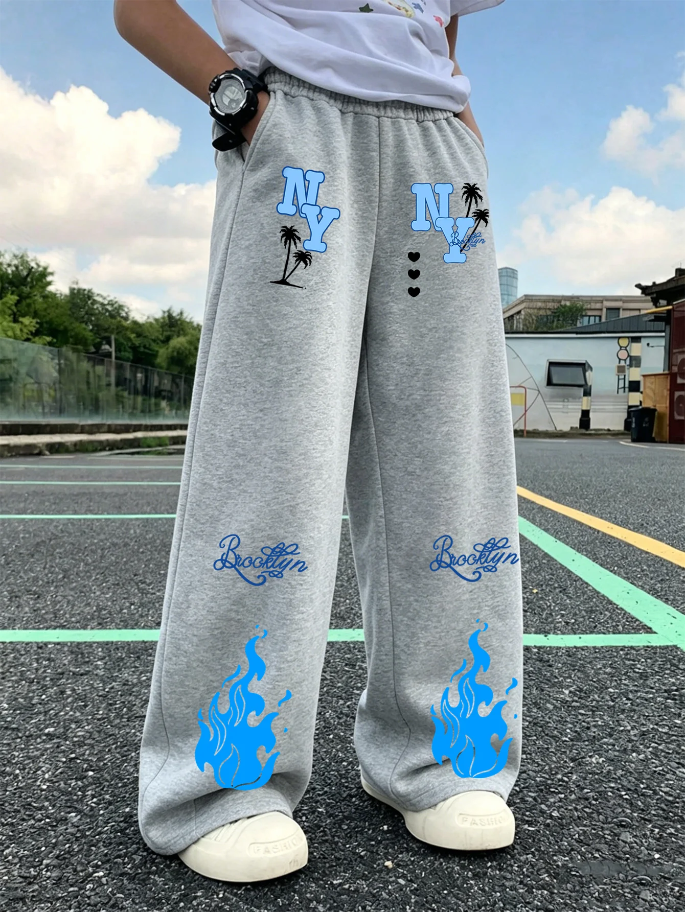 Men's Gothic Purple Flame Skull Print Wide Leg Sports Pants with Elastic Drawstring High Street Loose Straight Leg Casual Pants
