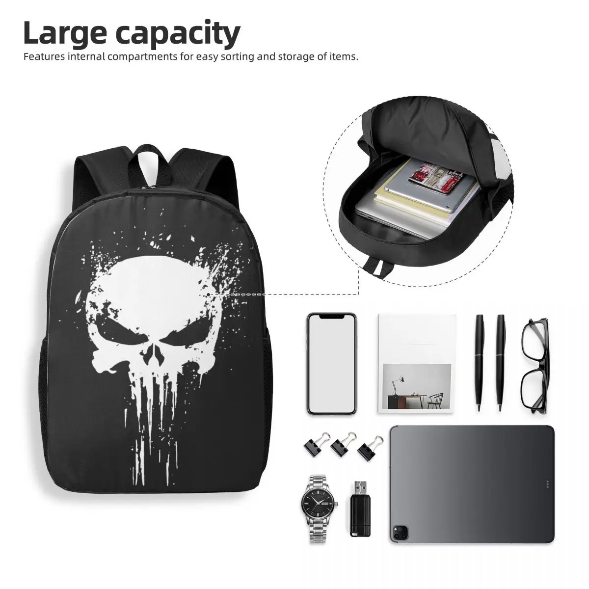 Zaino scheletro Punisher personalizzato per ragazze ragazzi Skull Bone College School borse da viaggio donna uomo Bookbag adatto a Laptop da 15 pollici