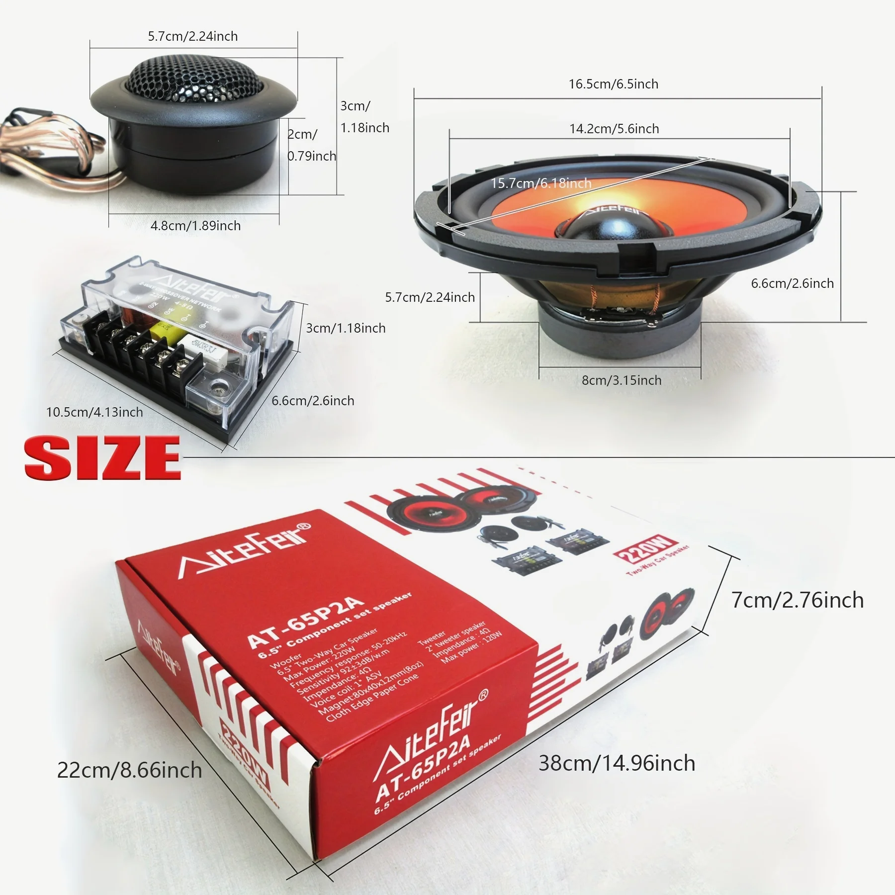 2 Pcs 6.5 Inch 2-Way Component Car Speakers Includes 2x Woofers 2x Tweeters 2x Crossovers Wires & Screws 220W Max
