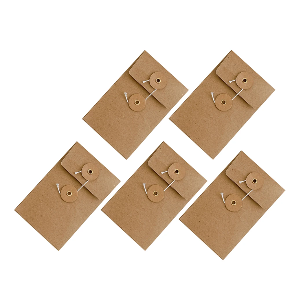

5Pcs Kraft Paper Envelopes Vintage Document Bags String Tie Closure Small Square for Office Wedding Card Invitations