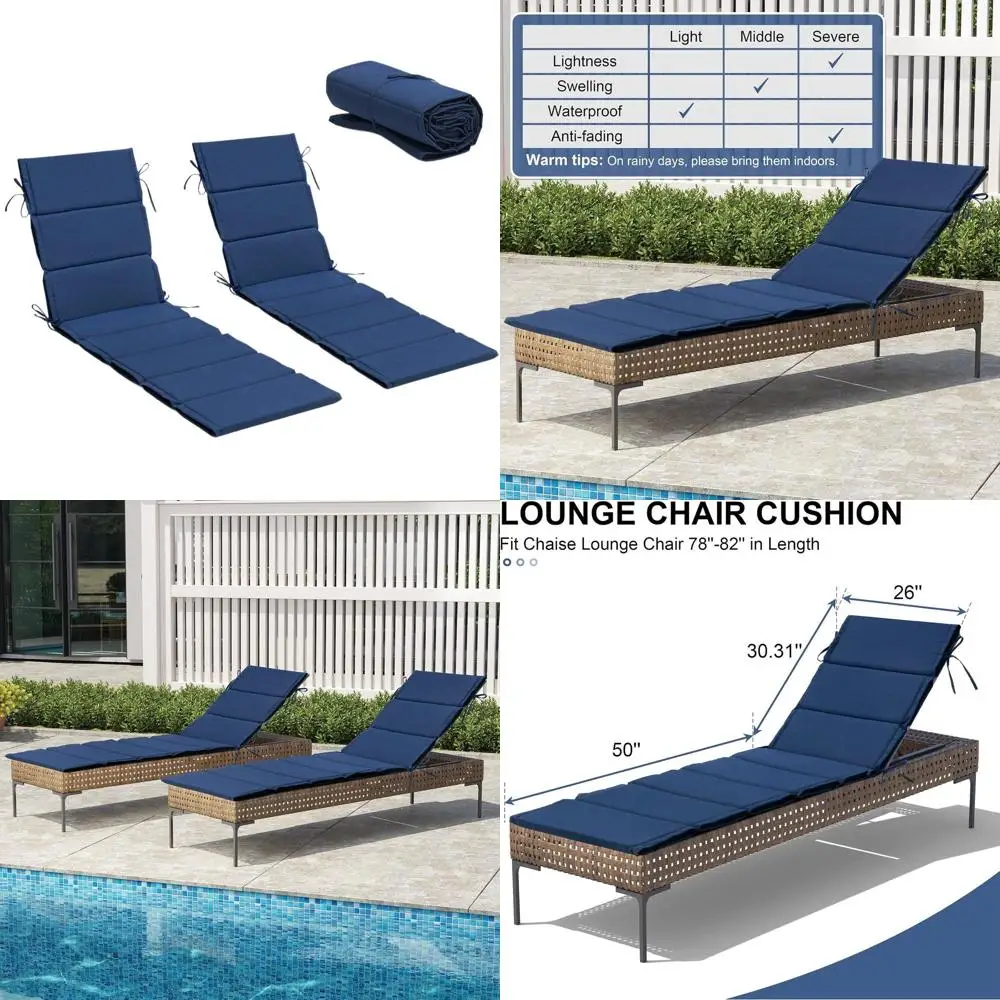 

Пара подушек для шезлонга 80x26, водонепроницаемых и складных, темно-синих для патио, газона, бассейна