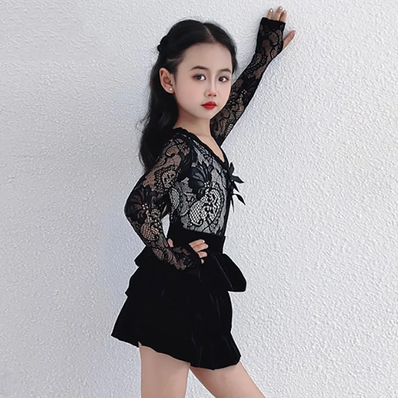 Adult Women Lace Print Latin Dance Bodysuit and Cake Skirts Professional National Standard Social Rumba Dancewear Costumes