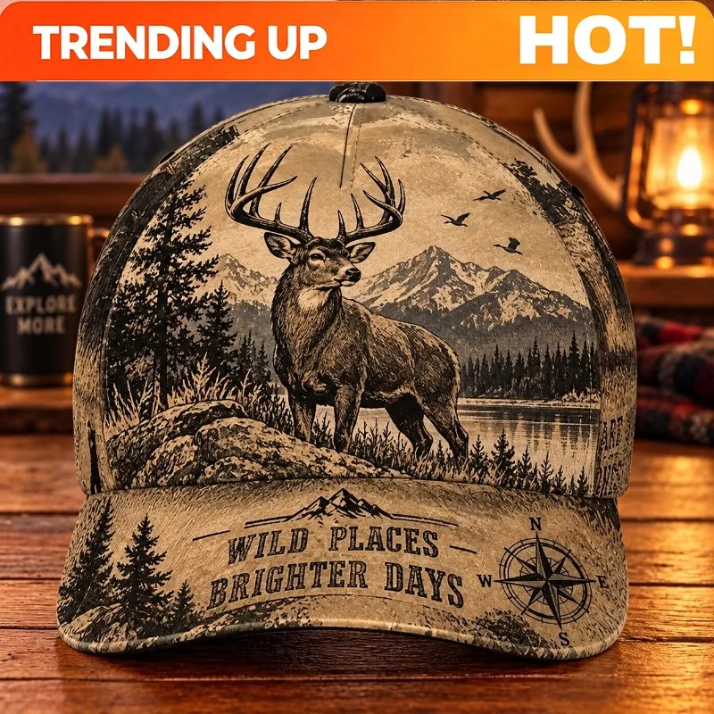 Customization Wild Places Brighter Days Deer Mountain Baseball Cap For Men Women Sepia Vintage Lake Pine Compass Trucker Cap Sun