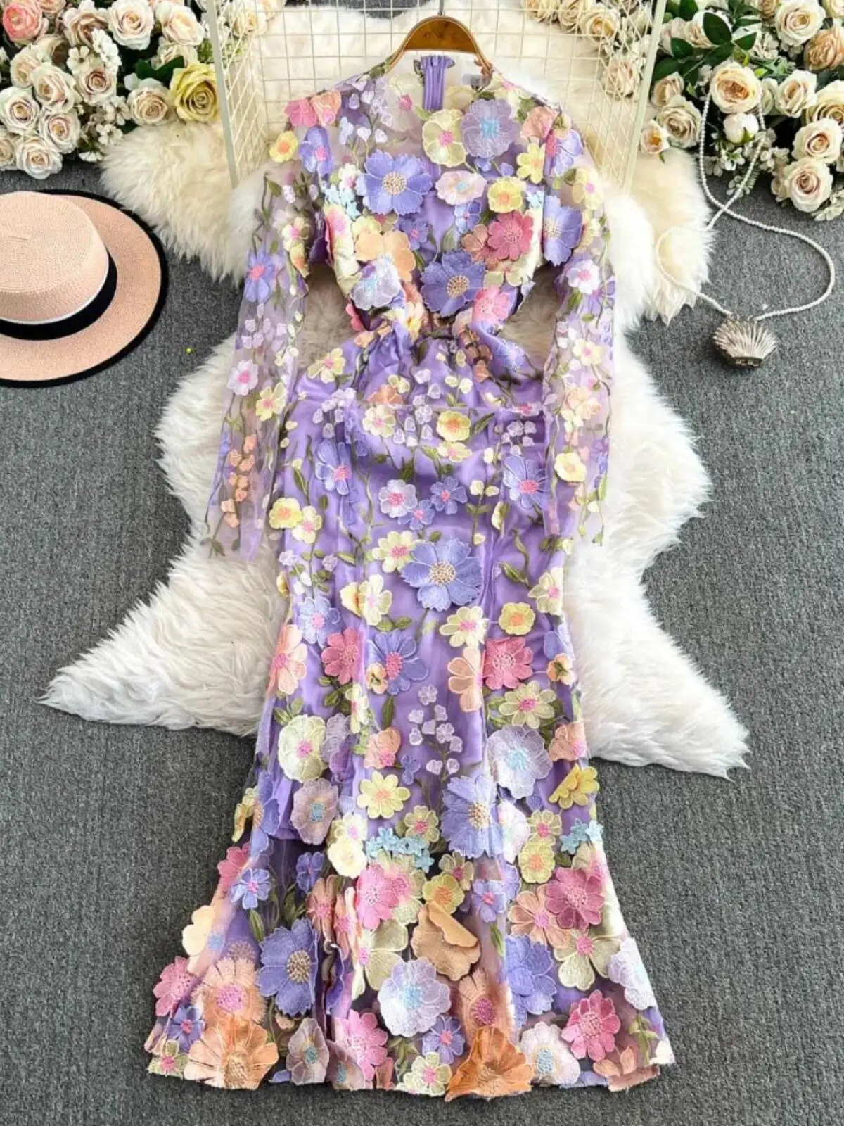 Quality Summer Autumn Fashion Flower Embroidery Lace Prom Wedding Dress Women Tulle Long Sleeve Mermaid Fishtail Dresses Party