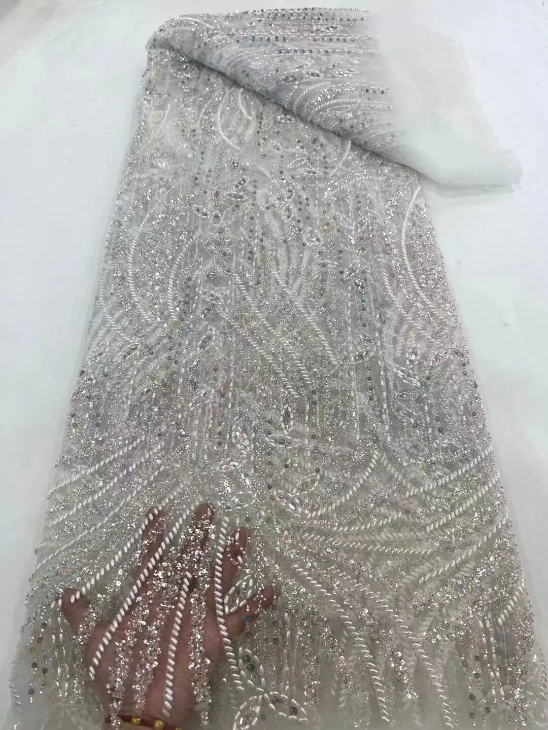 

Nigeria French Tulle Lace Fabric Embroidery African L-13069815 Beaded Lace Fabric High End Mesh Material Luxury Sequins
