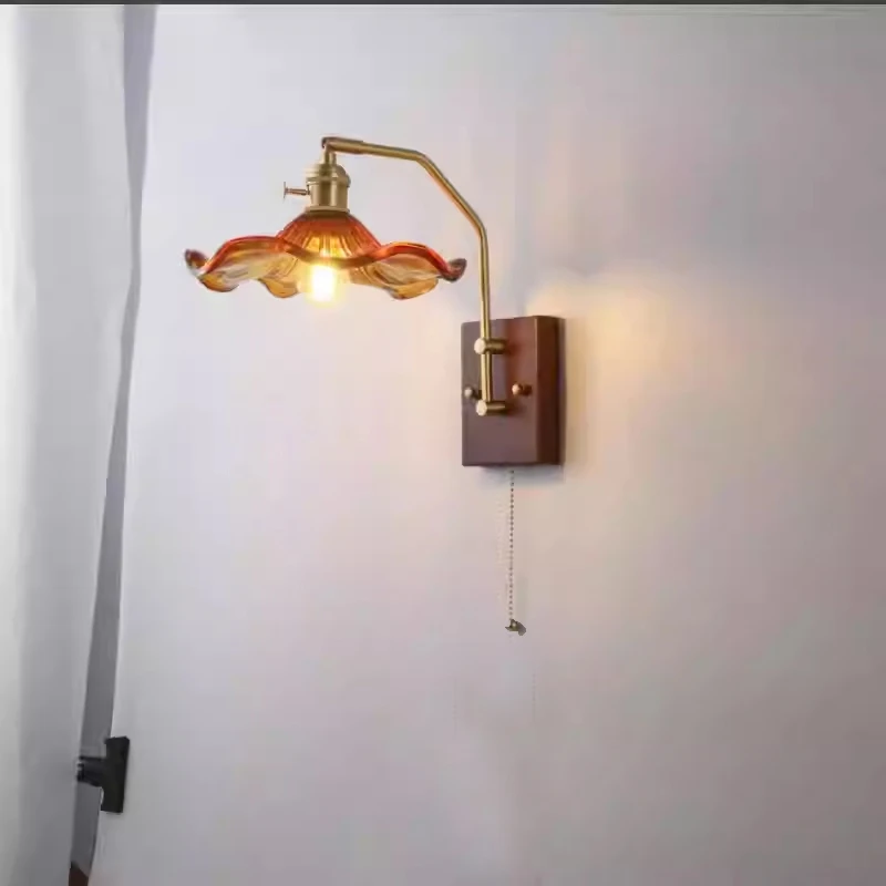 Wood Copper LED Wall Lights Home Indoor Lighting Luminaira Pull Chain Switch Wall Lamp Bedroom Living Room Beside Lamp Hanging