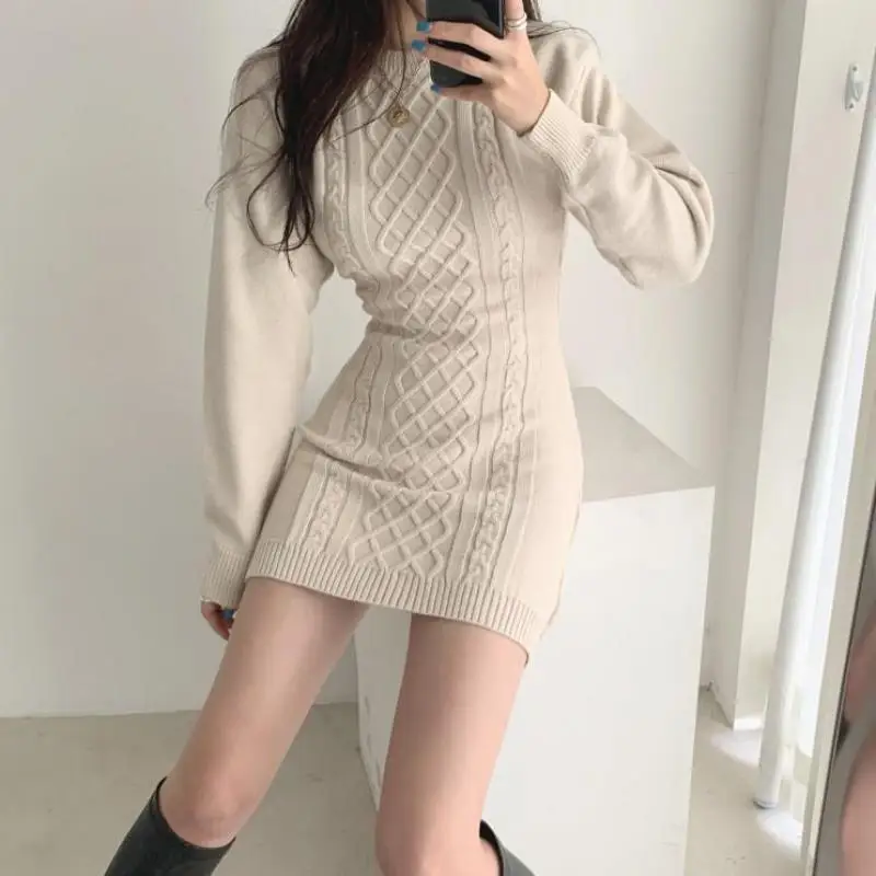 

Spring Autumn 2023 New Fashion Style Open Backpack Hip Skirt Slim Fried Dough Twists Sweater Knitted Backing Dress Women