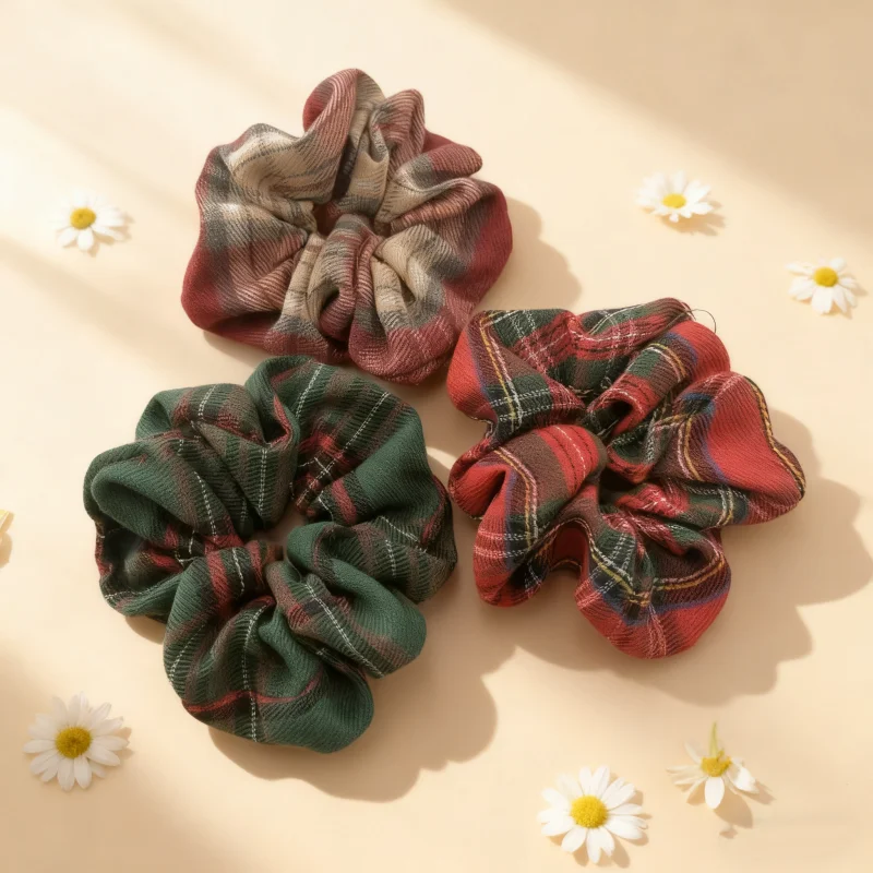 

Retro Tartan Plaid Scrunchie Single Color Elastic Hair Tie Soft Fabric Hair Accessory for Women Vintage Style Daily Party
