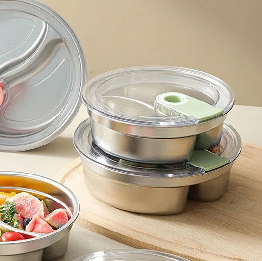 304 Stainless Steel Lunch Box With Lid Microwave Safe Divided Food Container With Leak-Proof Seal Round Compartment Meal Prep
