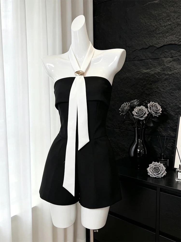 

Simplified Style Black Contrast Color Tube Top Swimsuit Women's High Waist Slimming Sexy Short Pants Commute