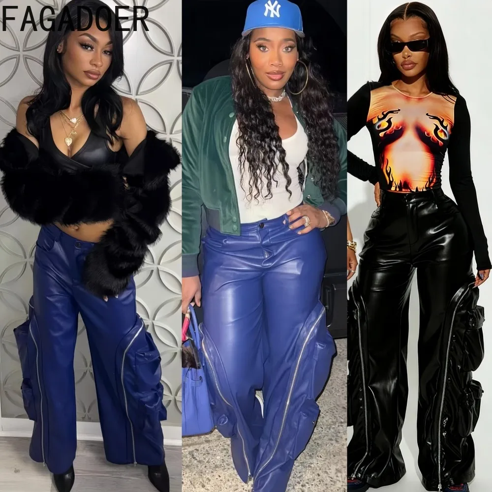 

FAGADOER Fashion Leather Patchwork Bodycon Pants for Woman Solid Color Zipper Pocket Skiny Pants Female Streetwear Bottoms New