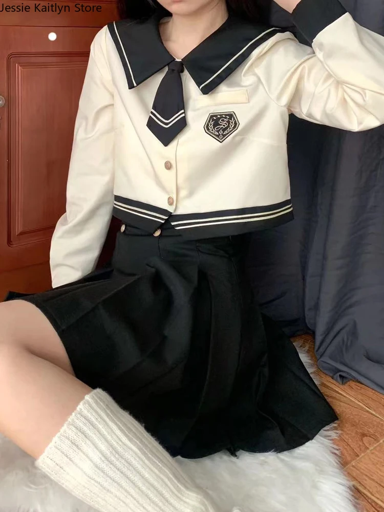 Korean Kawaii School Sailor Uniform Women Japanese Girl College Cosplay JK Uniform Autumn Long Sleeve Top and Pleated Skirt Sets