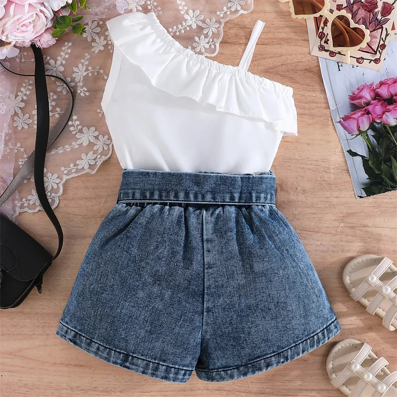 สาวดอกไม้พิมพ์ Ruffle เสื้อแขนกุดและกางเกงขาสั้นชุดฤดูร้อนชุดเด็กวัยหัดเดินเสื้อผ้าเด็กปิดไหล่กางเกงยีนส์กางเกงขาสั้น