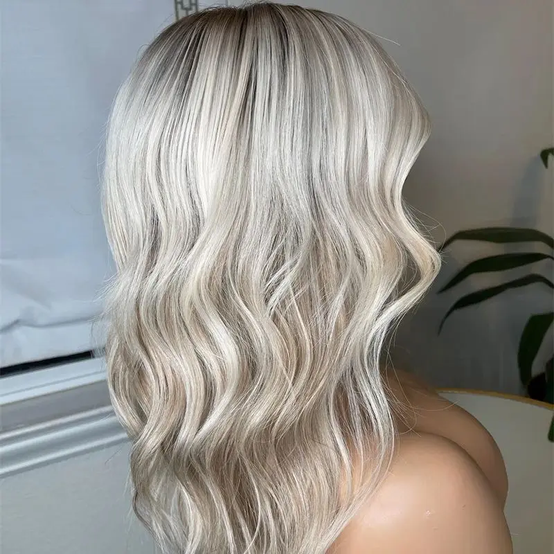 

Ombre Ash Platinum Blonde Highlights Синтетический парик фронта шнурка с темными корнями Свободная часть Швейцарский парик фронта шнурка Модная волна Боб