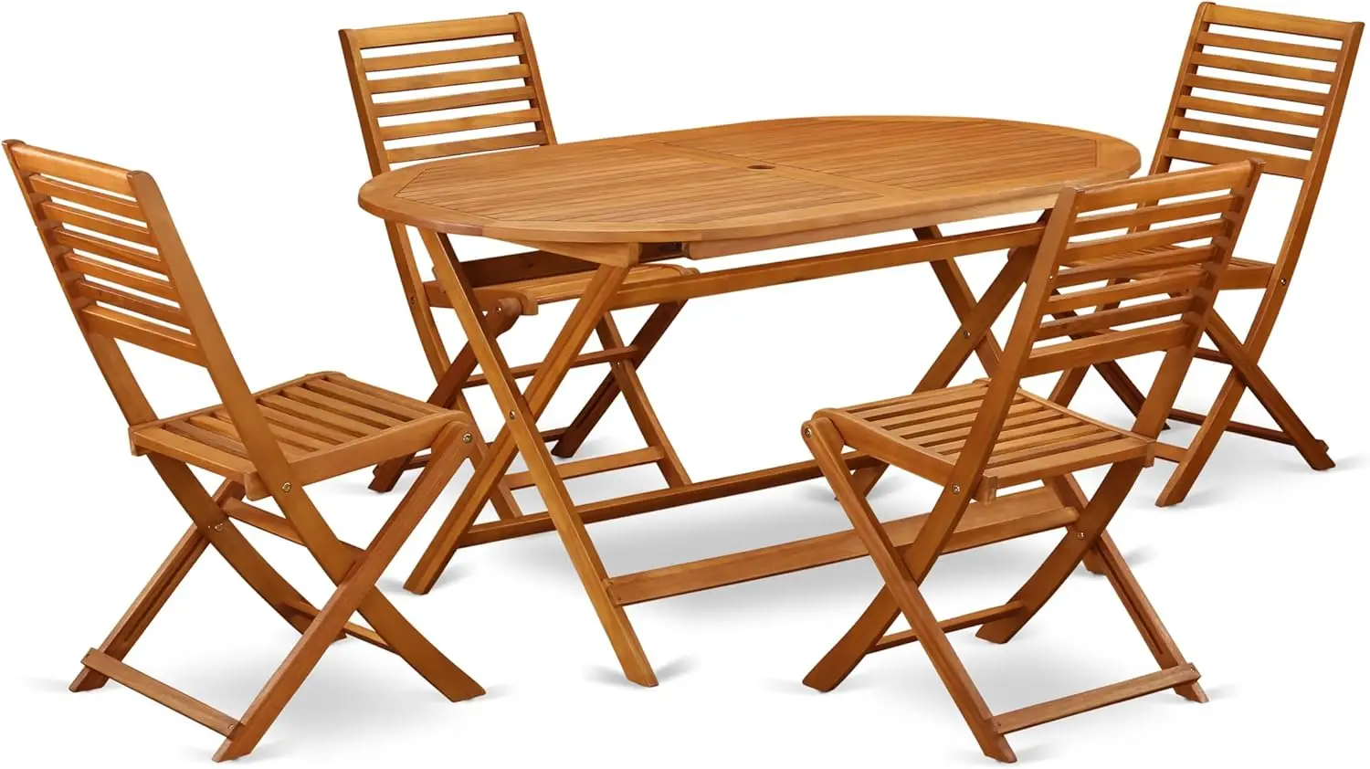

Five Piece Outdoor Dining Set Contains Oval Acacia Wood Table Four Folding Side Chairs