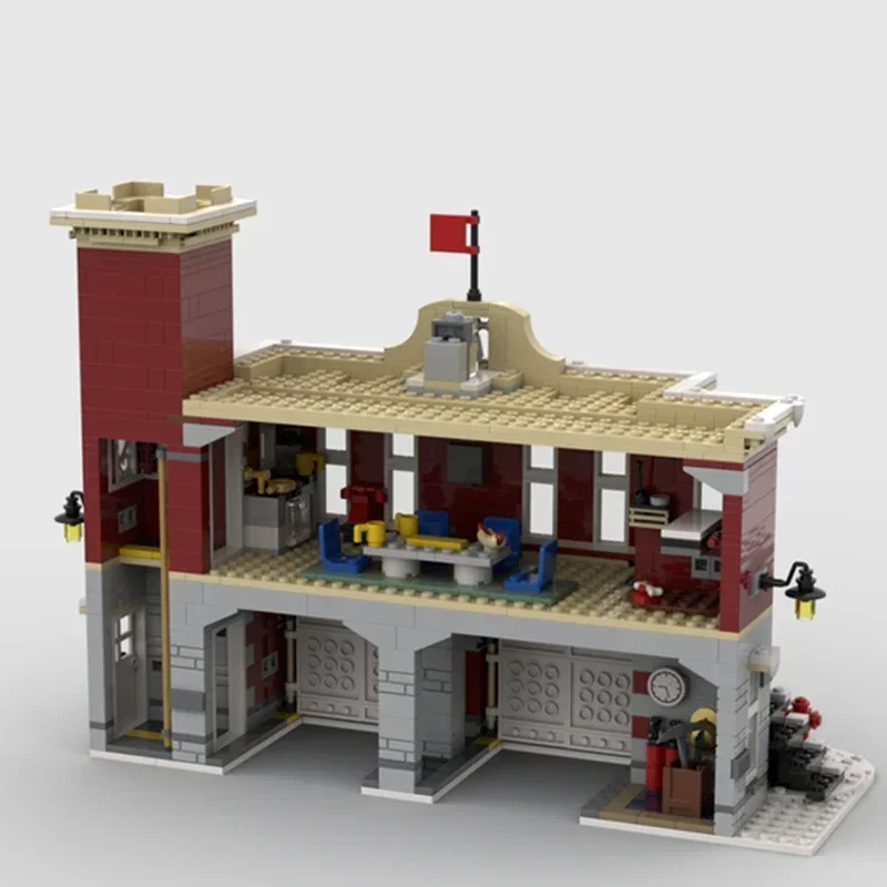 Moc-Briques de construction techniques pour enfants, modèle Street View, caserne de pompiers d'hiver, assemblage de bricolage, jouets de construction, cadeau de vacances