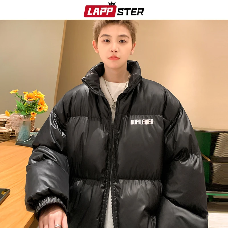 LAPPSTER-Parkas de burbujas negras para hombre, Abrigo acolchado de gran tamaño, rompevientos, moda coreana, informal, corto, Harajuku, Invierno