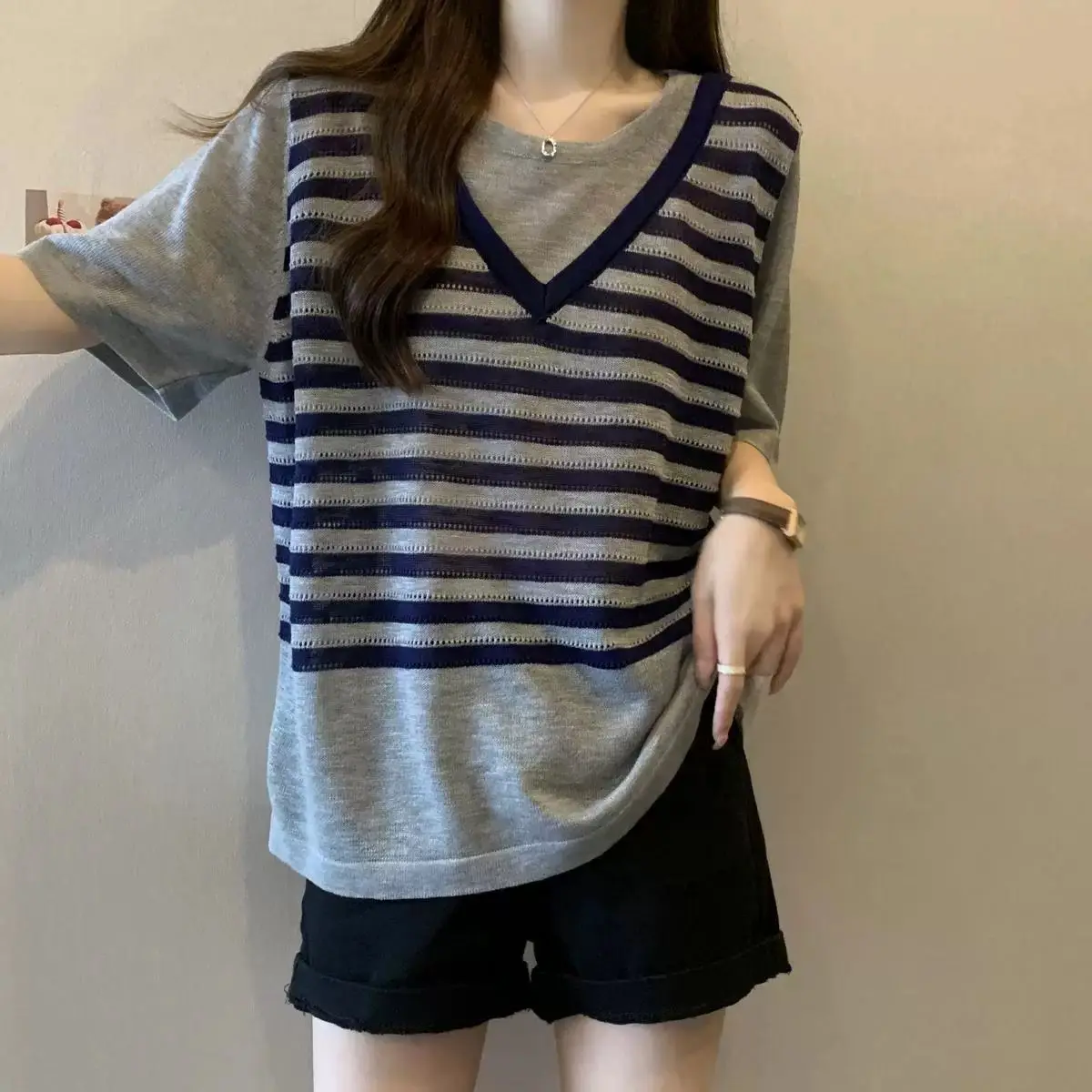 

Summer Women O Neck Short Sleeve Front Shoulder Balance T Shirts Fake Two Piece Striped Tank Sweet Korean Fashion 2xl Oversized