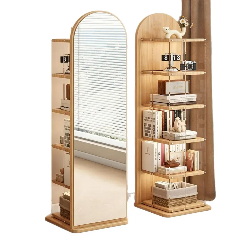 Arched Log Full Length Mirror with Rotating Bookshelf Storage Mobile Floor Standing Dressing Mirror for Home