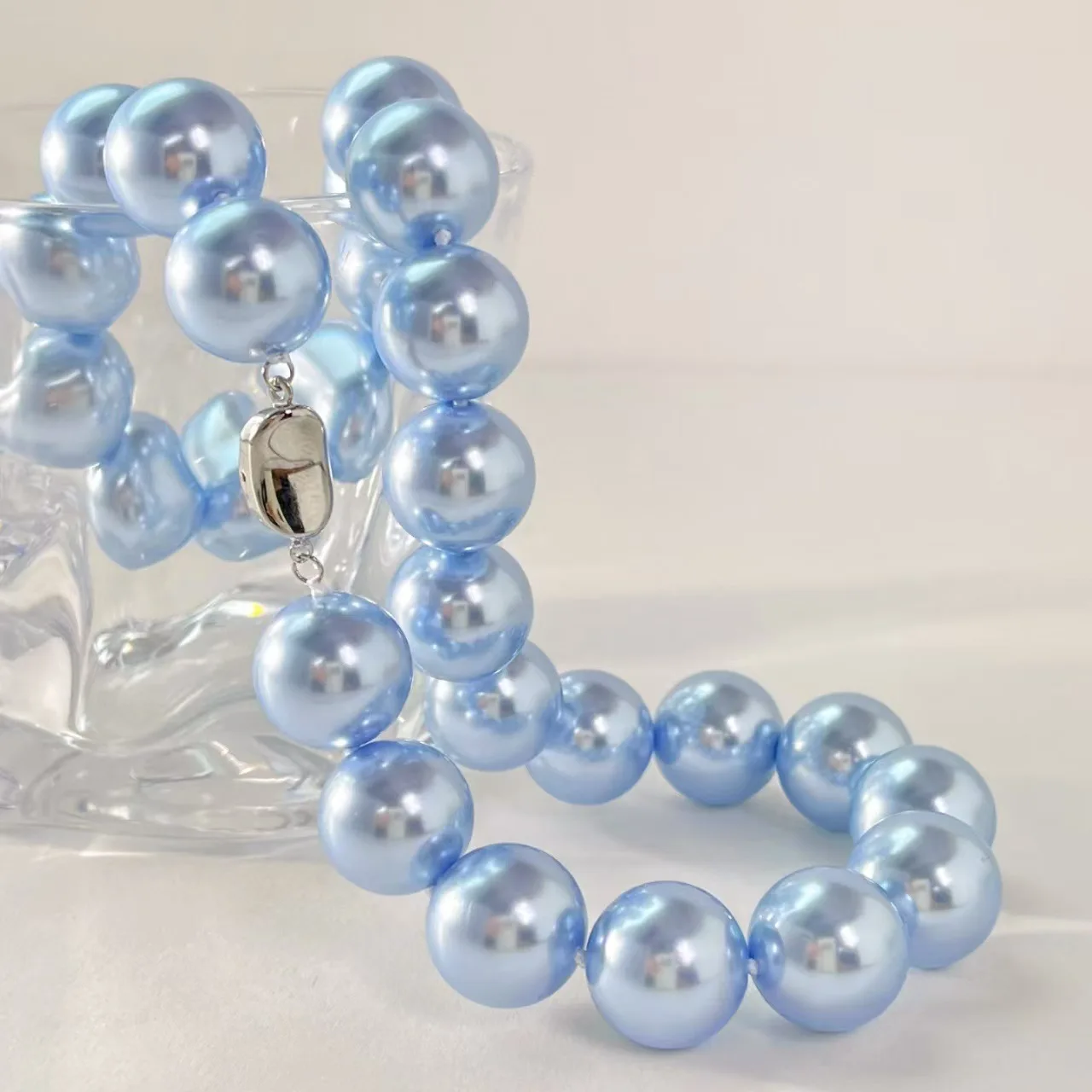 

New retro 14mm large particle high quality haze blue shell pearl necklace collarbone