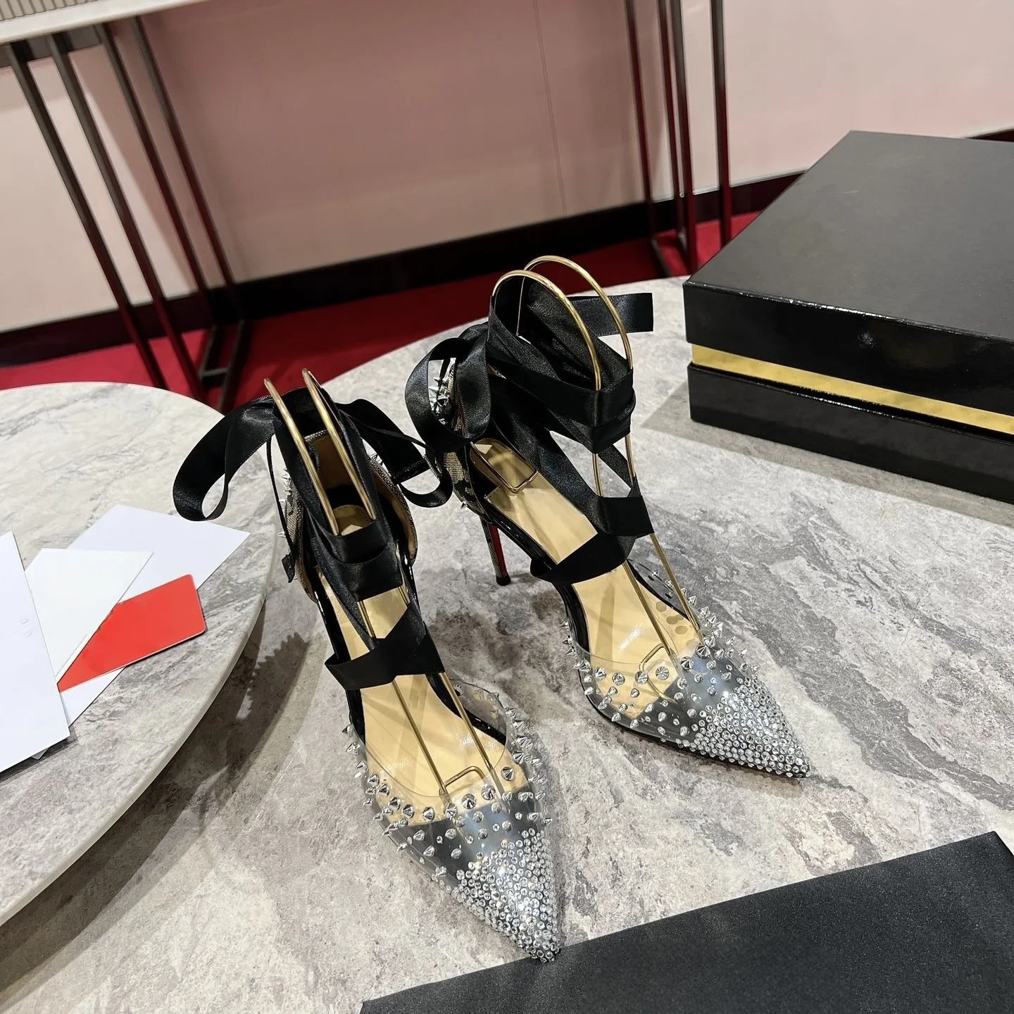 

2025 Spring New Sandals Transparent PVC Black Rivet Pointed Toe Stiletto Silk Straps 12cm High Heel Banquet Sexy High Heels