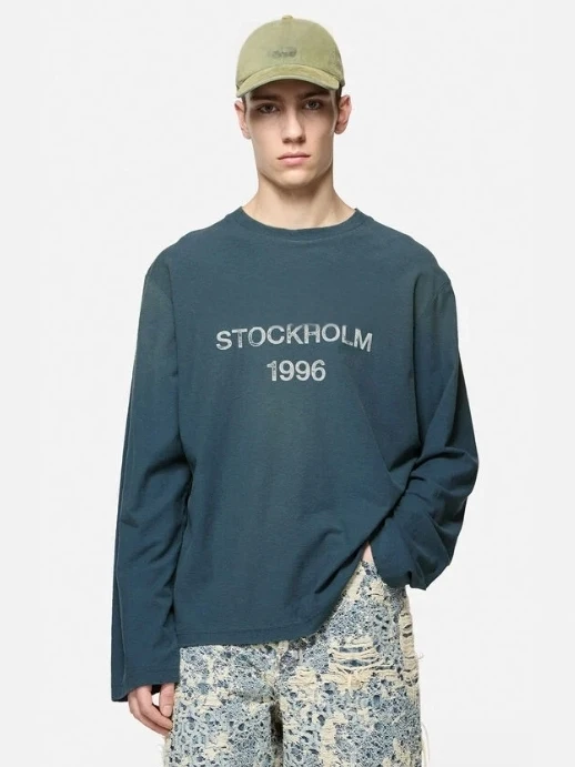 

Vintage Logo round Ne Long Sve Men's T-irt Worn-In Distred Loose Fit Base Layer irt Casual Cotton Top