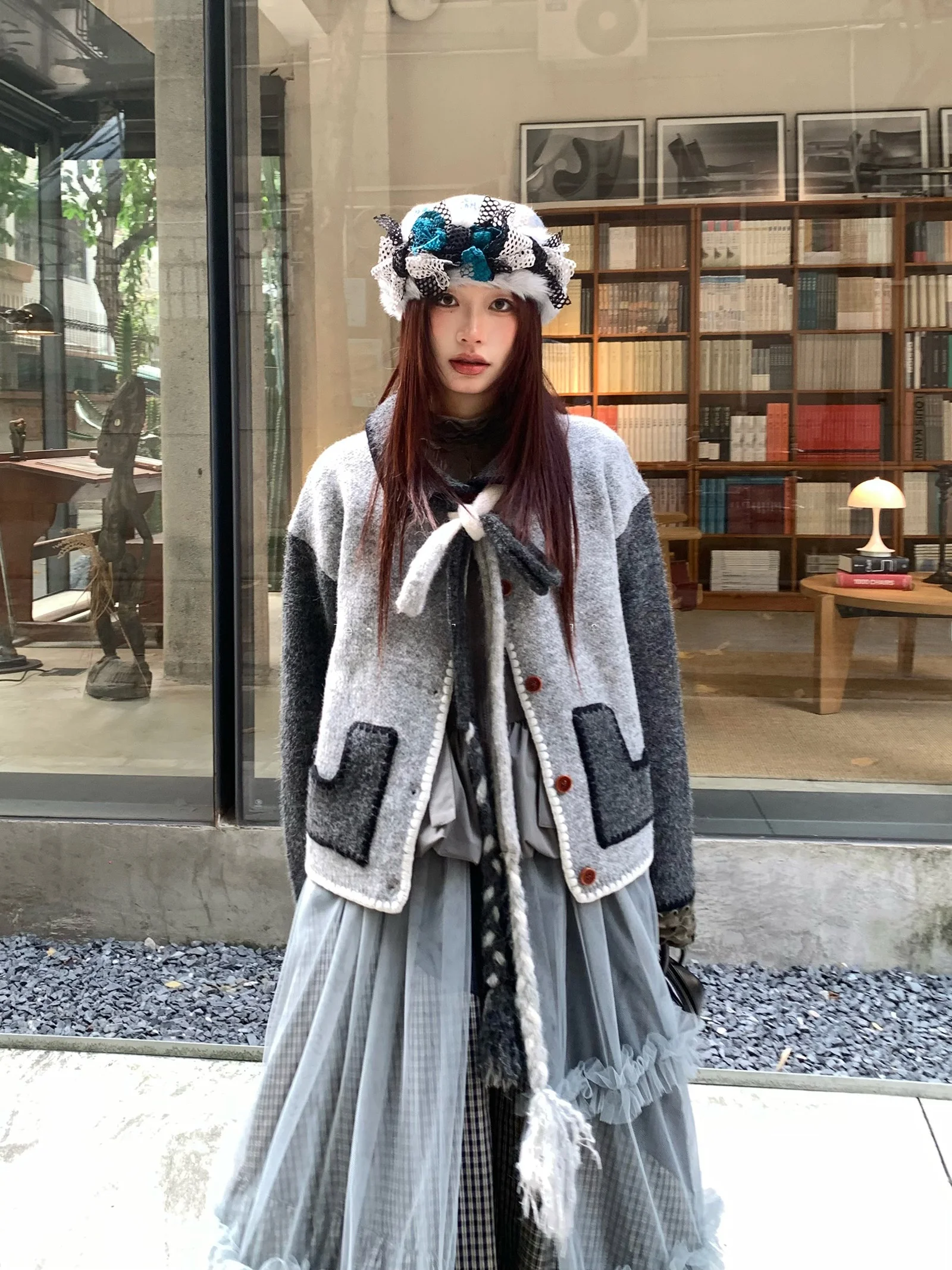 

Утепленный вязаный кардиган с цветовыми блоками (фиолетовый и черный) в японском стиле, женский, с манжетами, верхняя одежда