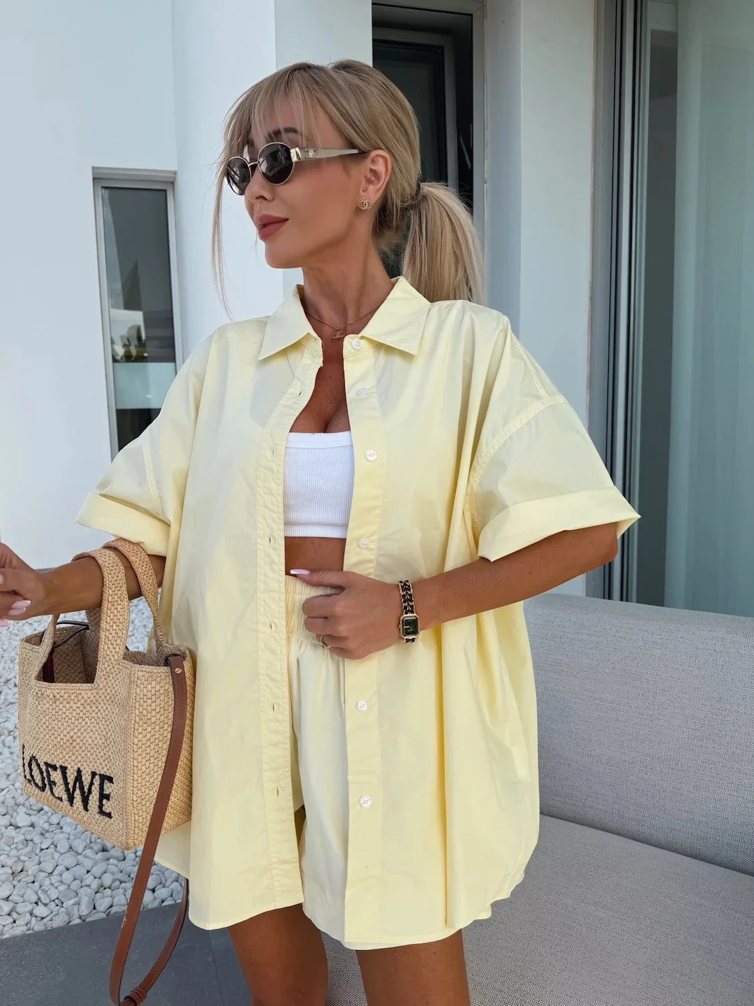 

Leisure Womens Two Piecee Outfits Summer Solid Color Daily Vacation Style Simple Versatile Piece Set Solid Color Top Shorts Suit