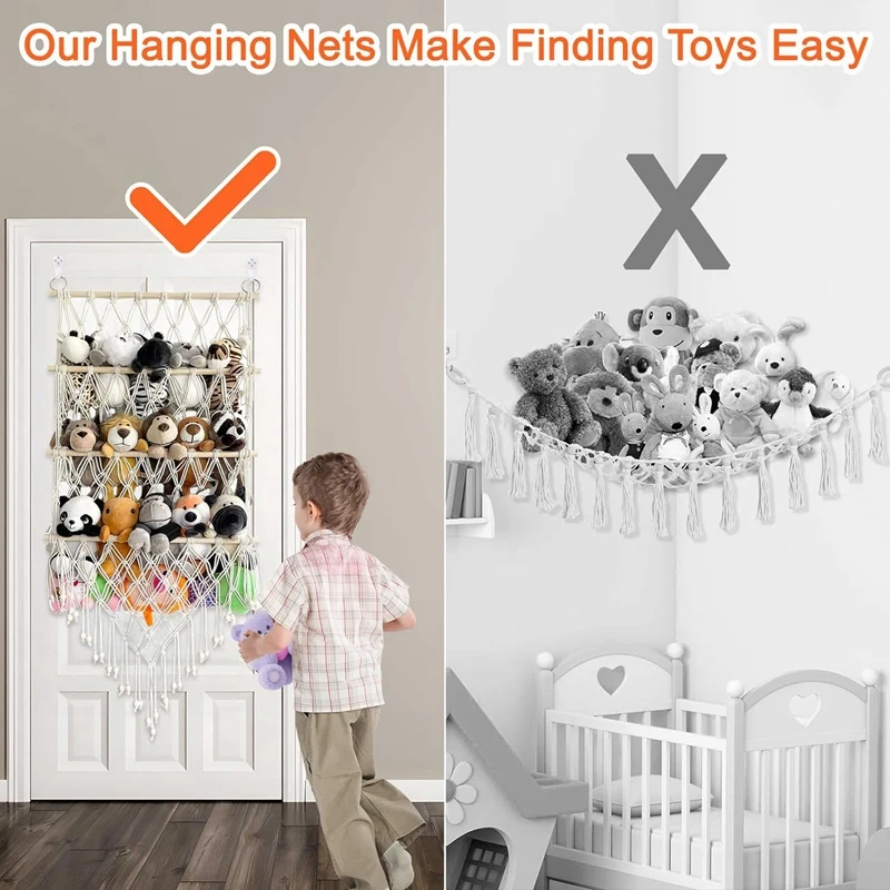 1 Piece 3 Layer Wooden Stuffed Toy Net, Stuffed Animal Net Or Hammock Creamy-White Cotton Rope+Wood Stuffed Animal Net