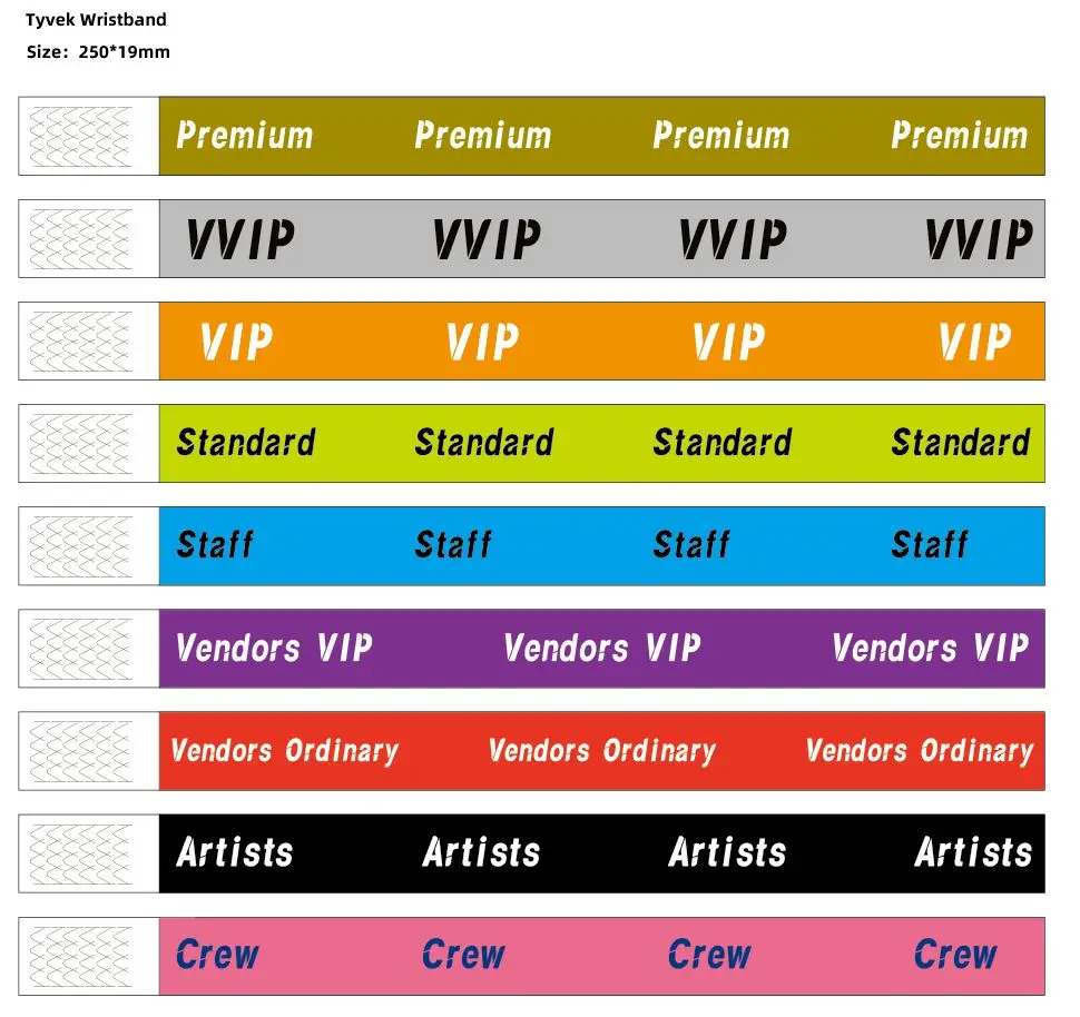 100pcs VVIP & Vendor & Staff & Standards & Preminus Tickets Tyvek Wristband for Events Admission