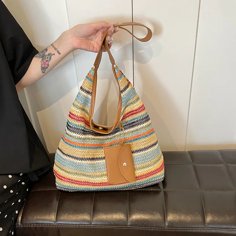 

Luxury Design Straw Woven Tote Bags Summer Casual Colorful Stripes Large Capacity Handbags Fashion Beach Women Shoulder Shopping