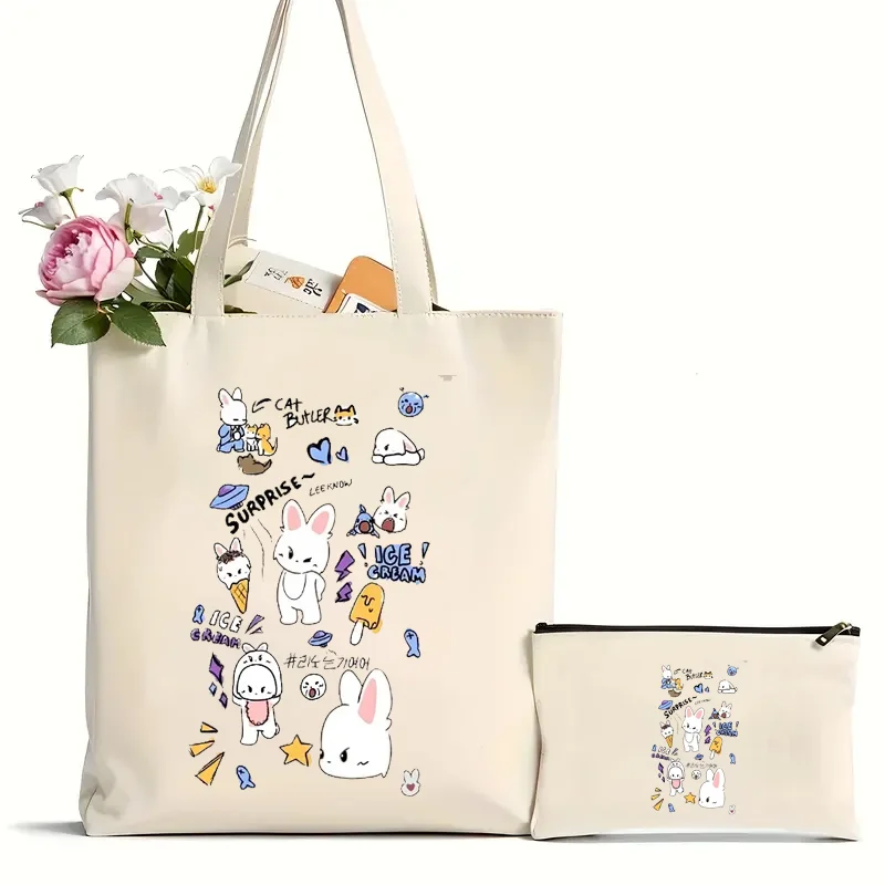 2Pcs Cute Kawaii Animal Printed Canvas Tote Bag, Casual & Reusable Shoulder Handbag For Shopping & Daily Use