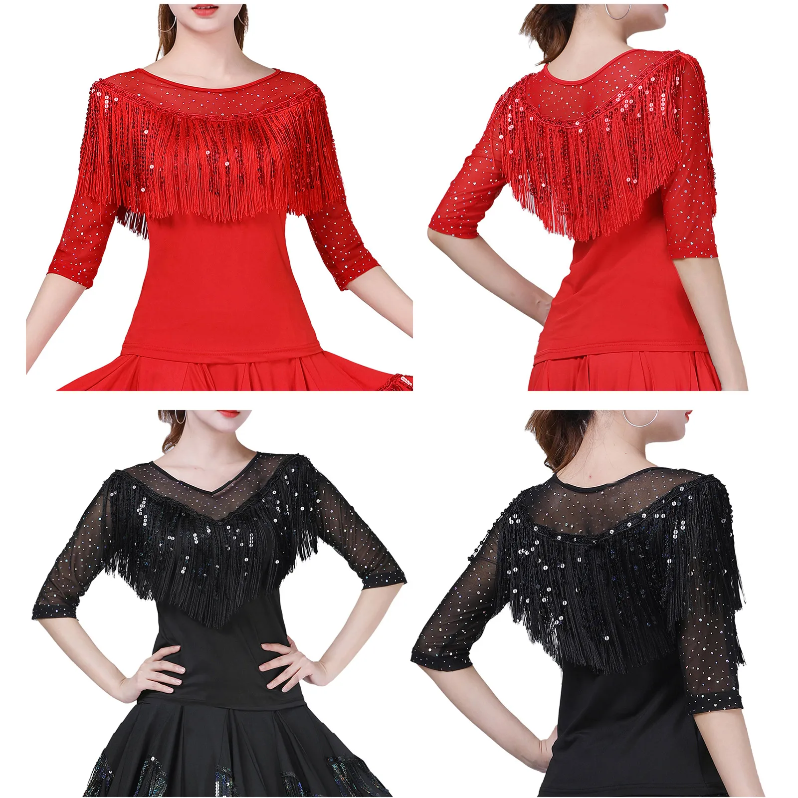 

Women Latin Tango Chacha Dance Top Shirts Half Sleeve Dual Layer Tassel Shiny Sequin Blouses Pullover Tops Modern Dance Costume