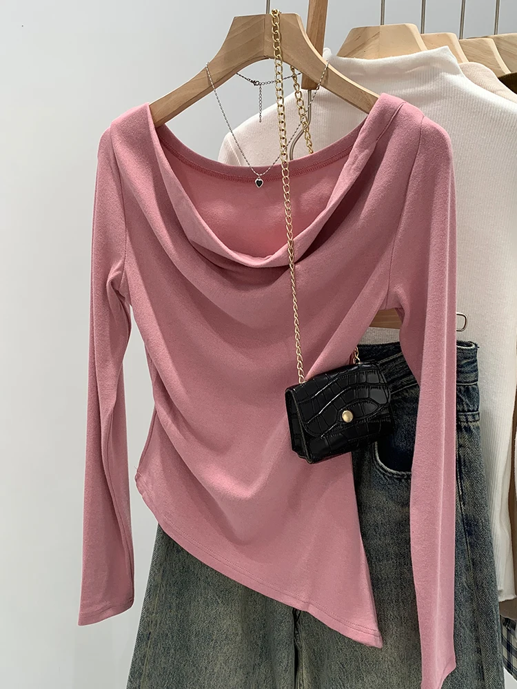

Shoulder Baring off Shoulder T-Shirt Women's Early Autumn New Style Korean System Base Layer Long Sleeve Straight Cut T-Shirt