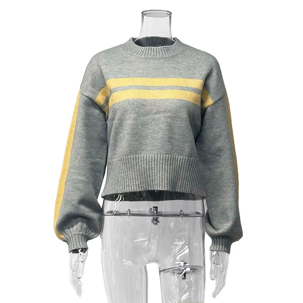 Maglione pullover con scollo a righe a maniche lunghe per donna 2025 Top in maglia allentata casual autunno elegante maglieria stile preppy