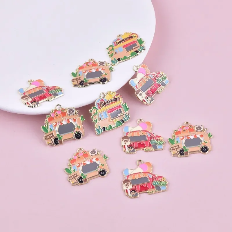 10pcs Enamel Beverage Cart Pendant Food Truck Charms Handmade Necklace Bracelet Accessory DIY Handmaking Jewelry for Women