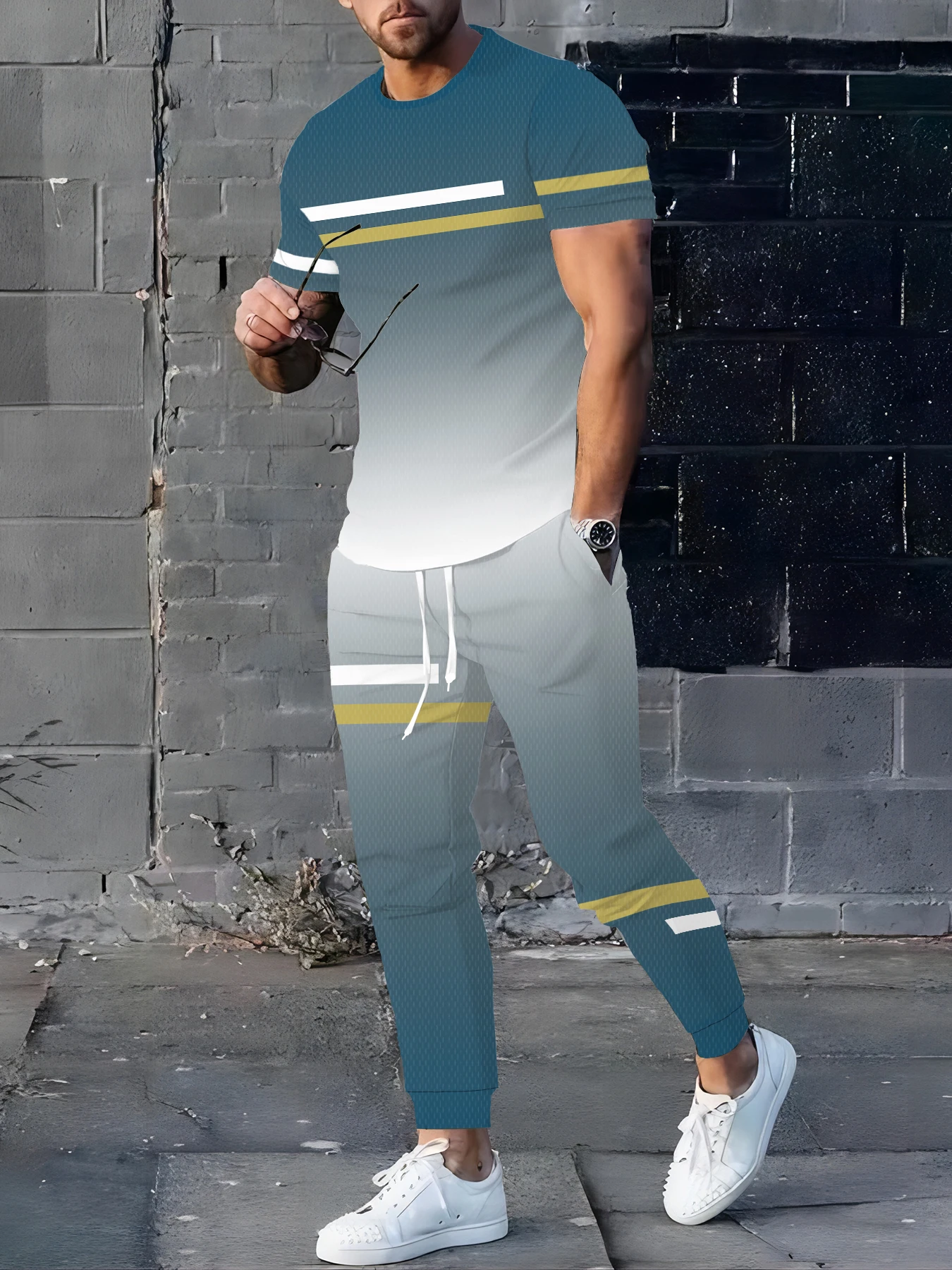 

A new summer streetwear casual fashionable comfortable and soft gradient printed breathable men's suit