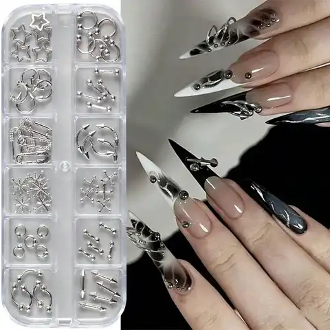 12 Grids Gothic Nail Charms Silver Star Cross Spike Nail Art Decor DIY Manicure Accessories for Acrylic Nails